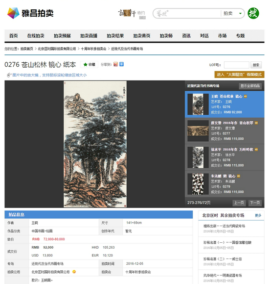 画家王晓作品亮相匡时秋拍受藏家热捧