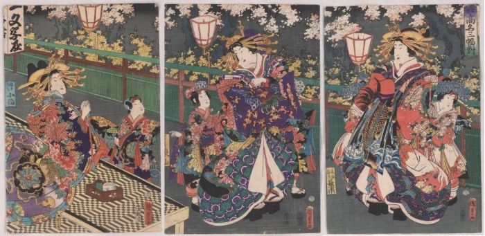 歌川国贞 吉原高名三幅对 大版浮世绘（三联画）,【展览预告】“黄金时代：‘姑苏版’年画对浮世绘的影响”即将在刘海粟美术馆开幕,姑苏,浮世绘,年画,刘海粟美术馆,黄金时代,日本,版画,苏州,汤黎健,长崎